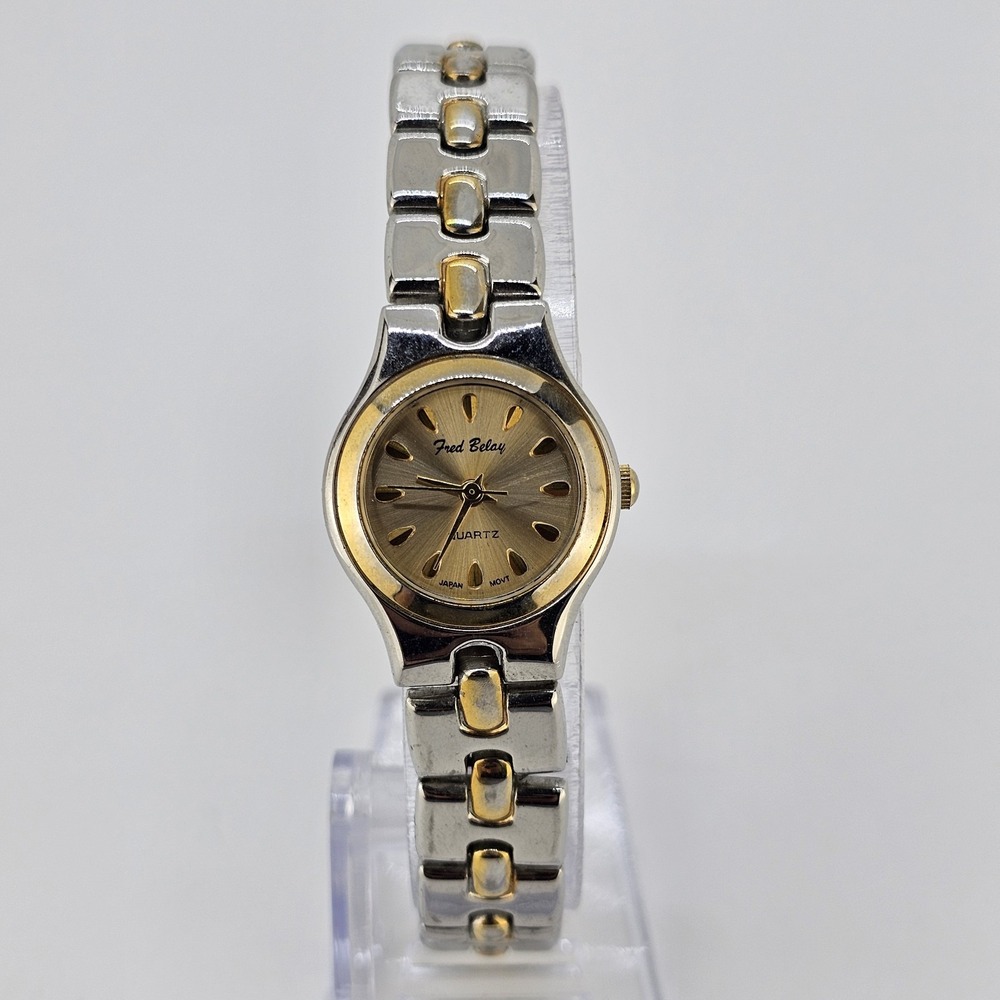 Fred Belay Women's Watch 23MM Gold Dial Gray Gold Metal Bands 7.25" NEW Battery